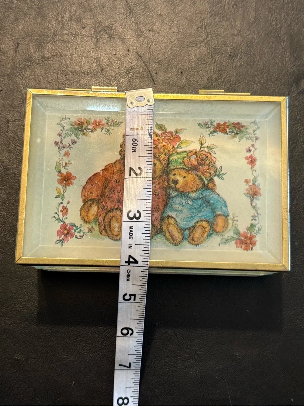 Vintage Teddy Bear Musical Jewelry Box Glass Brass Tone Beveled Trinket Box